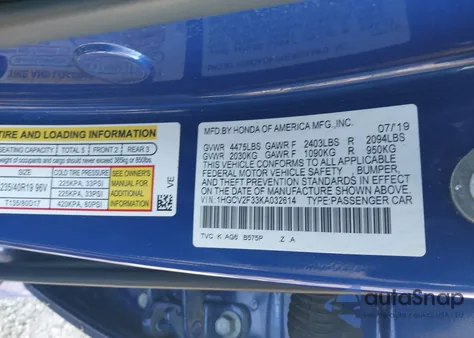 2019 Honda Accord Sport 2.0T from USA, damaged, VIN 1HGCV2F33KA032614